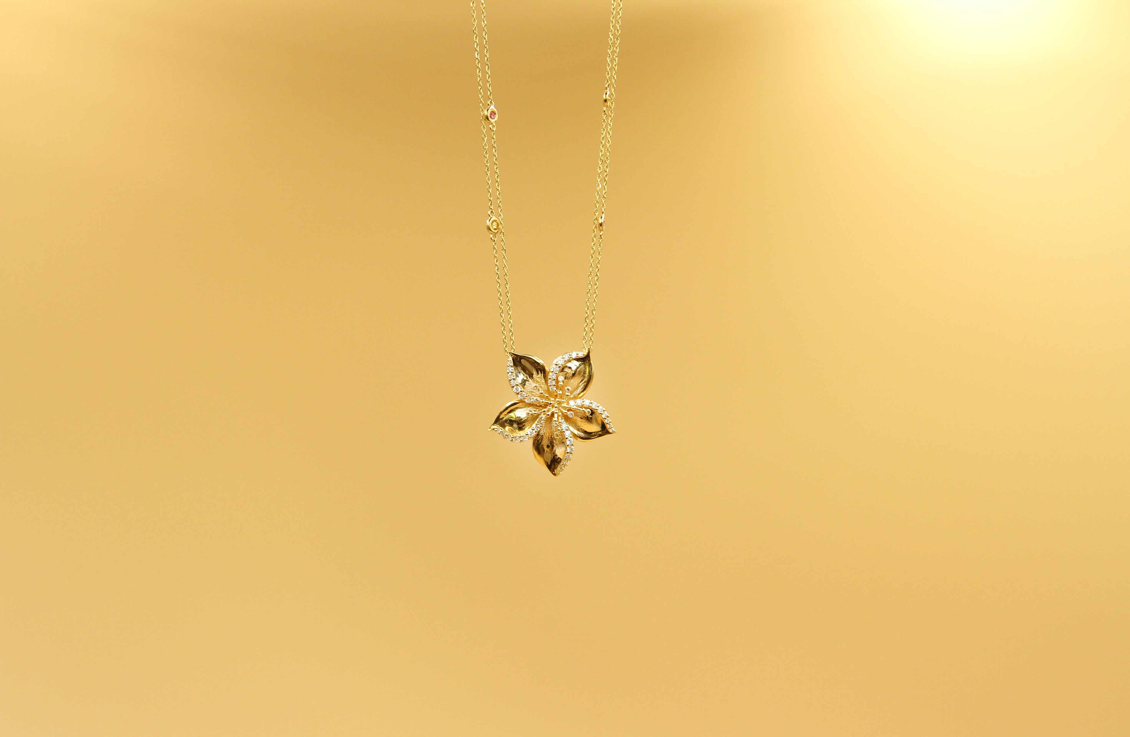 Frangipani gold necklace designed by Renée Chamoun against a gold background