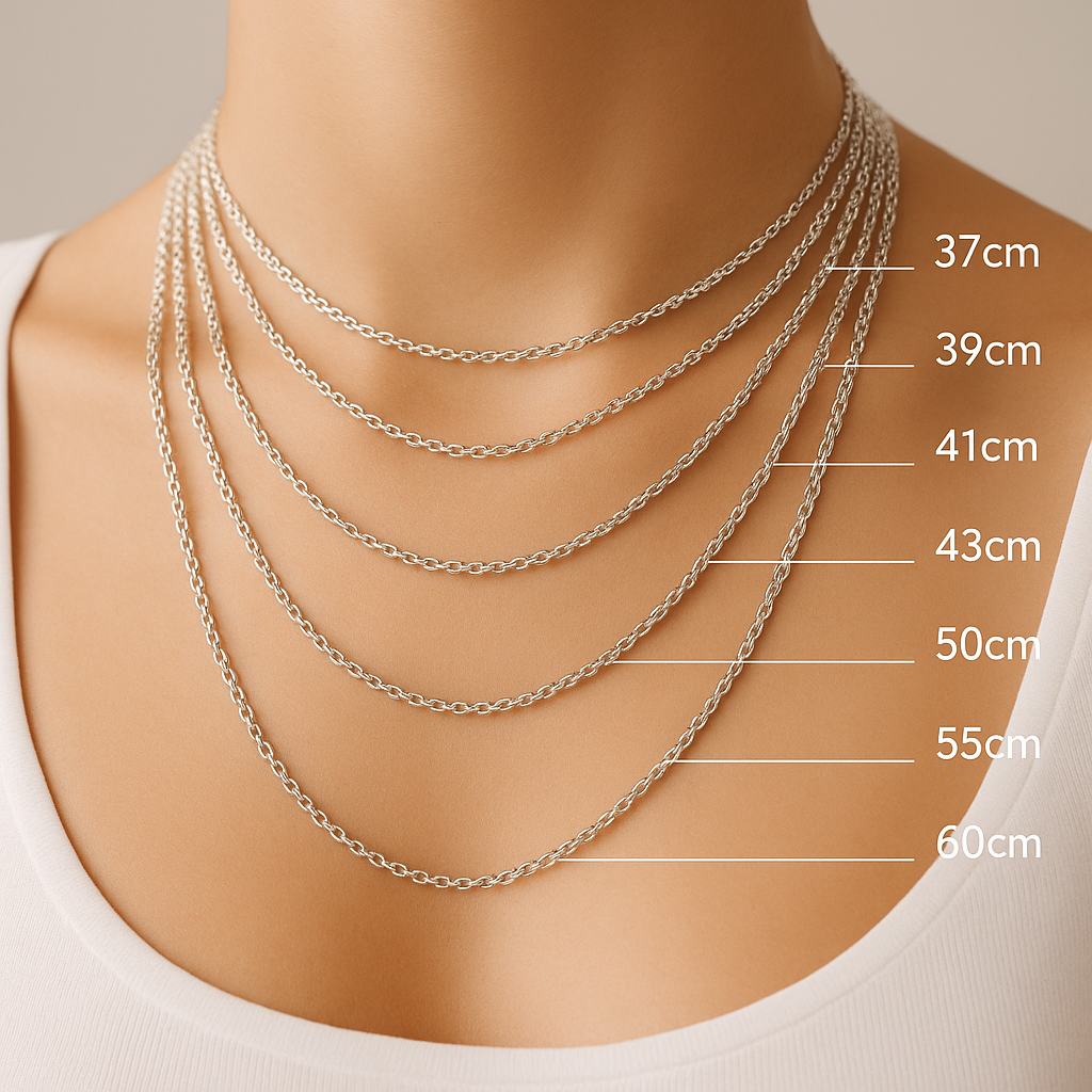 Silver necklace displayed on a mannequin with measurements indicated.